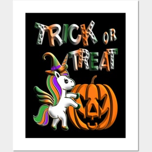 Kawaii cute unicorn pumpkin trick treat violet orange black green 3D tridimensional 322 Posters and Art